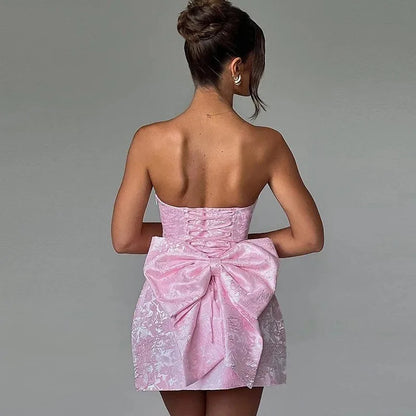Evening Party Dresses Women 2026 Summer Sexy Fashion Bow Dress Elegant Jacquard Lace Up Backless Birthday Short Dress