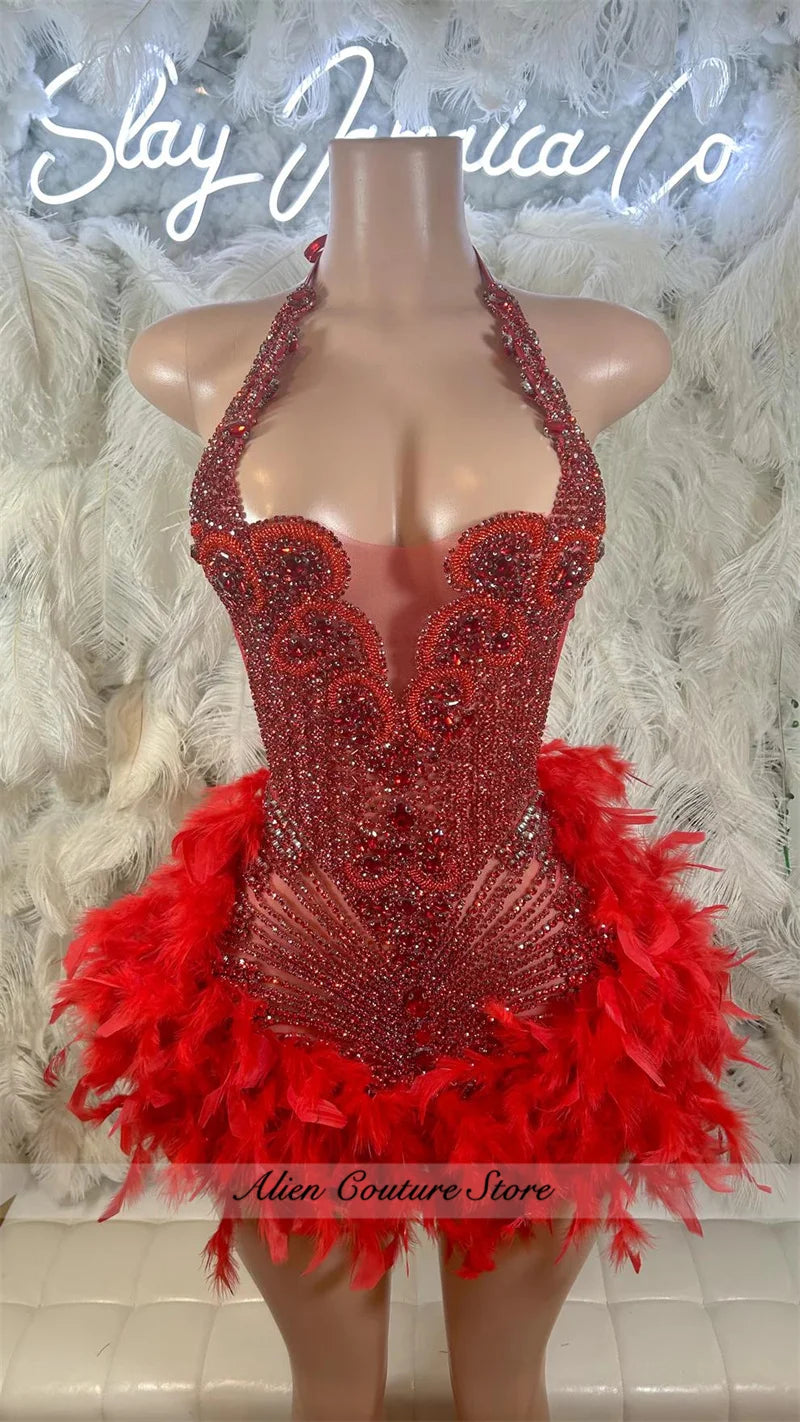 Glitter Pink Crystal Short Prom Dress For Black Girl Homecoming Senior Cocktail Dress Birthday Party Gown Feathers Customized