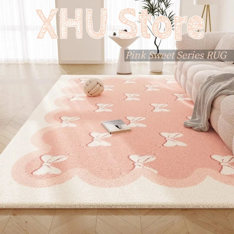Sweet Pink Living Room Carpet Large Butterfly Print Fluffy Bedroom Rugs Soft Fashionable Ins Style Coffee Table Mats Alfombra 러그