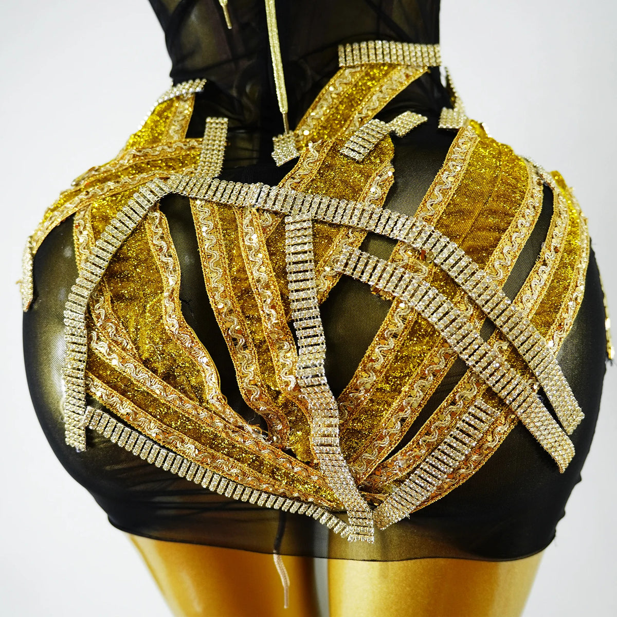 Shimmering Gold Chain Skirt Mesh Perspective Dress Women Evening Party Celebrate Prom Show Singer Dancer Nightclub Stage Costume