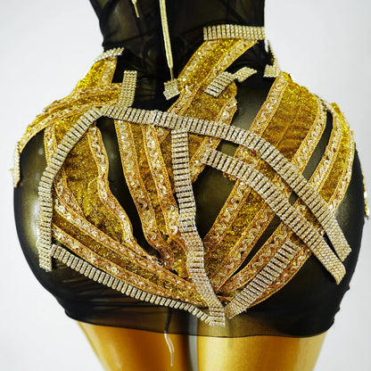 Shimmering Gold Chain Skirt Mesh Perspective Dress Women Evening Party Celebrate Prom Show Singer Dancer Nightclub Stage Costume