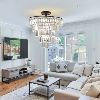 20" Black Crystal Chandelier Ceiling Light, Modern Luxury 10-Light Flush Mount Light Fixture, Elegant Home Lighting
