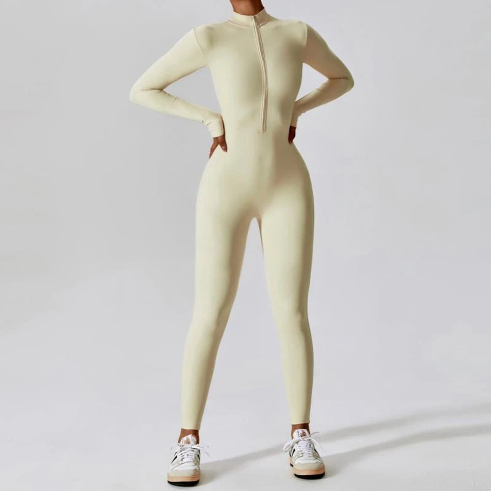 Women‘s Jumpsuits Long Sleeve Yoga Slim Fit Stretch One Piece Romper Sexy Fitness Female Black Basic Elastic Zipper Sportwears