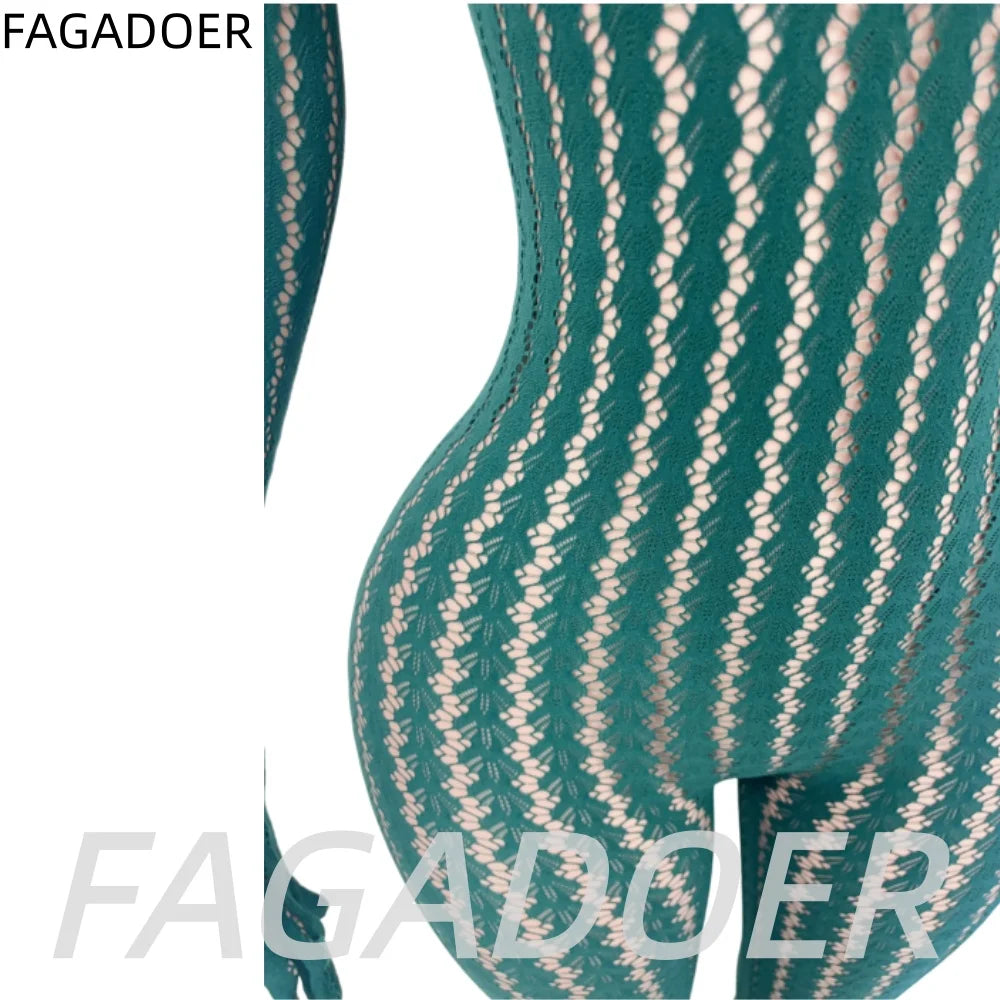 FAGADOER Women Sexy Mesh Lace Jumpsuits Fashion Long Sleeves Round Neck Vertical Striped Sheer Bodycon Rompers Summer Playsuits