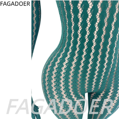 FAGADOER Women Sexy Mesh Lace Jumpsuits Fashion Long Sleeves Round Neck Vertical Striped Sheer Bodycon Rompers Summer Playsuits