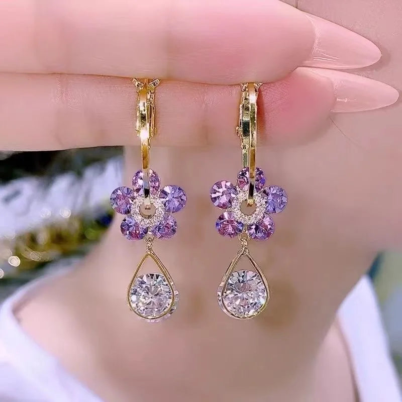Exquisite Leaves Crystal Flower Stud Earrings For Women AAA Zircon Rose Butterfly Tassel Earring Bride Wedding Party Jewelry