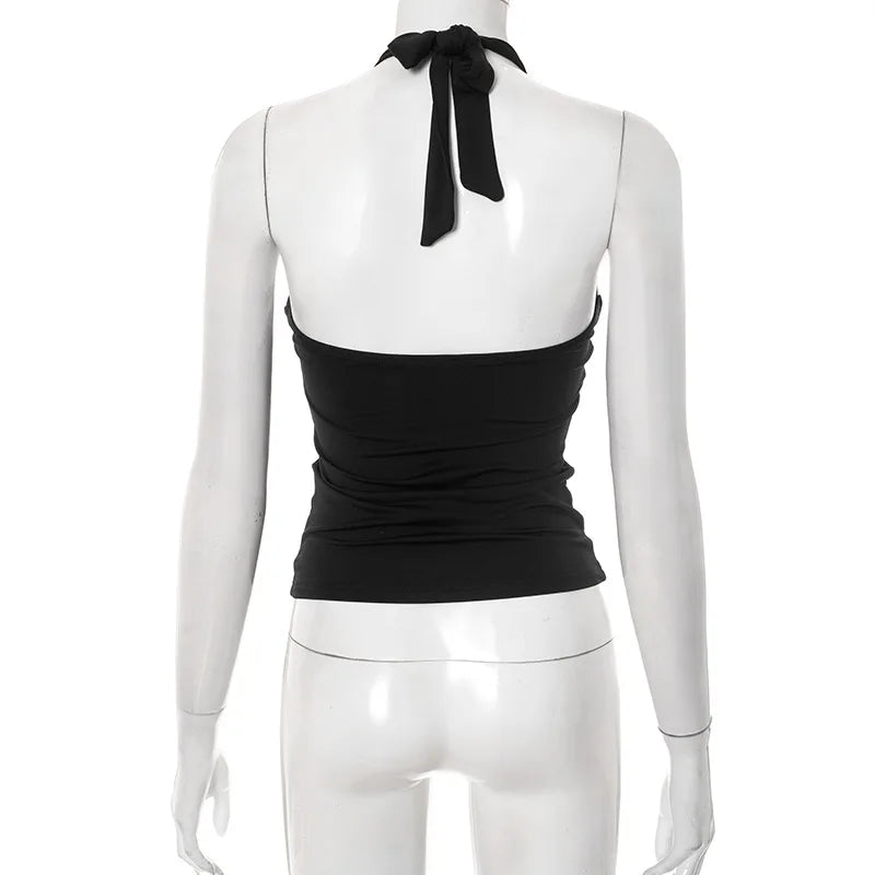 Women'S Solid Color Hanging Neck Tie Hollow Out Metal Ring Strapless Backless Tank Top Summer New Fashion Street Tank