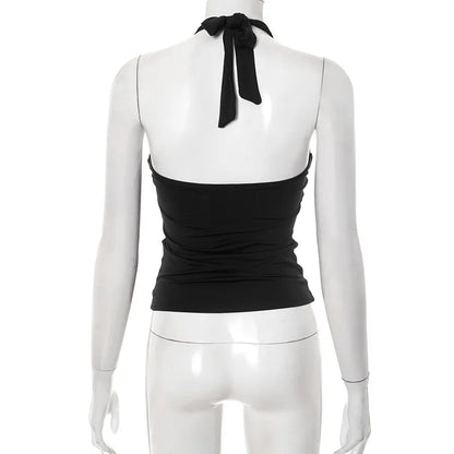 Women'S Solid Color Hanging Neck Tie Hollow Out Metal Ring Strapless Backless Tank Top Summer New Fashion Street Tank