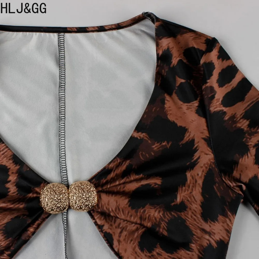 HLJ&GG Sexy Leopard Print Bodycon Jumpsuit for Women Hollowed-out Patchwork Full Sleeve Rompers Female Streetwear Overalls New