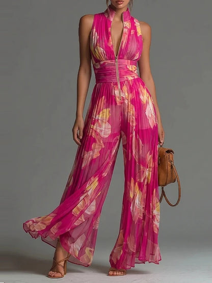 Elegant Stand Collar Zipper Long Jumpsuits Women's Casual Sleeveless Draped Party Rompers Fashion Printed Waist Summer Playsuits