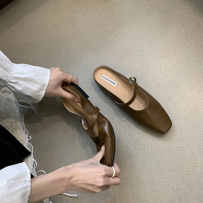 Soft Leather 2025 Ins Silver Buckle Strap Casual Shoes Fashion Flats Elegant Glitter Metallic Mules Shoes Cover Toe Slippers