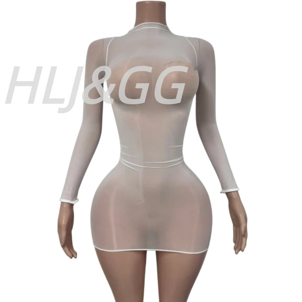 HLJ&GG Sexy Mesh See Through Bodycon One Piece Jumpsuits Women O Neck Long Sleeve Stretchy Overall Lady Party Clubwear Playsuits