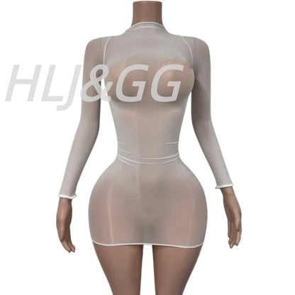 HLJ&GG Sexy Mesh See Through Bodycon One Piece Jumpsuits Women O Neck Long Sleeve Stretchy Overall Lady Party Clubwear Playsuits