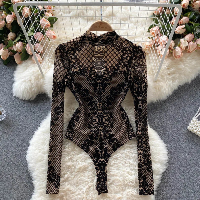SINGREINY Fashion Women Velvet Slim Playsuits Long Sleeves Vintage Bodycon Rompers Streetwear Y2K Ins Chic Mesh Sexy Bodysuits