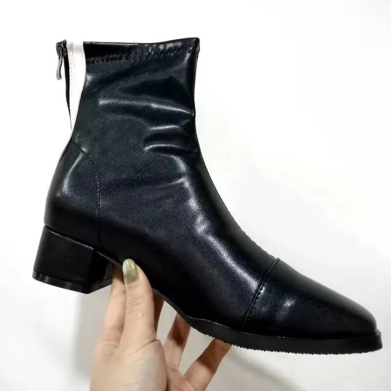 Colorblock Women Ankle Boots British Style Boots Square Toe Chunky Heels Short Booties Ith Back Zipper
