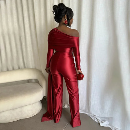 Doyerl Elegant Party Club Outfits Woman Jumpsuits and Rompers Evening Off Shoulder Long Sleeve Ruched One Pieces Overalls Ribbon