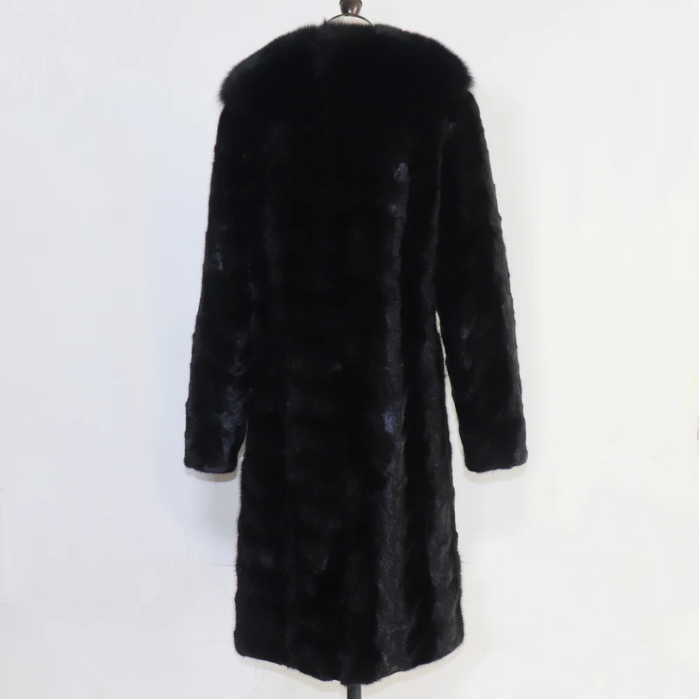 Winter Real Mink Fur Coat With Fox Fur Collar For Women Long Style 100% Genuine Mink Fur Jacket Thick Warm Natural Mink Fur Coat