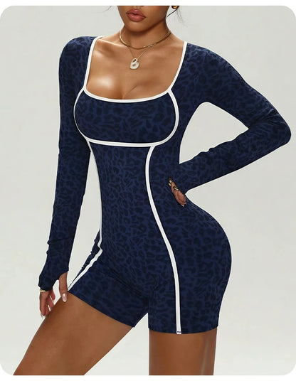 Women's Leopard Print Long Sleeve Yoga Jumpsuit Slim Fit One Piece Workout Romper Shorts Athletic Fitness Bodysuit