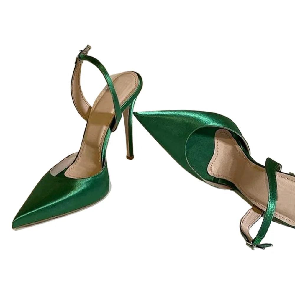 ALMUDENA Green Satin Fabric Slingback Banquet Shoes Red Silver Bling Bling Sequined Wedding Shoes Buckle Strap Shallow Pumps
