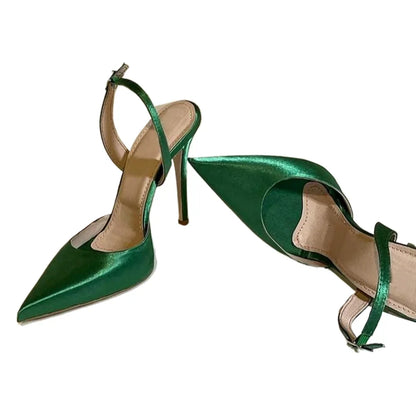 ALMUDENA Green Satin Fabric Slingback Banquet Shoes Red Silver Bling Bling Sequined Wedding Shoes Buckle Strap Shallow Pumps