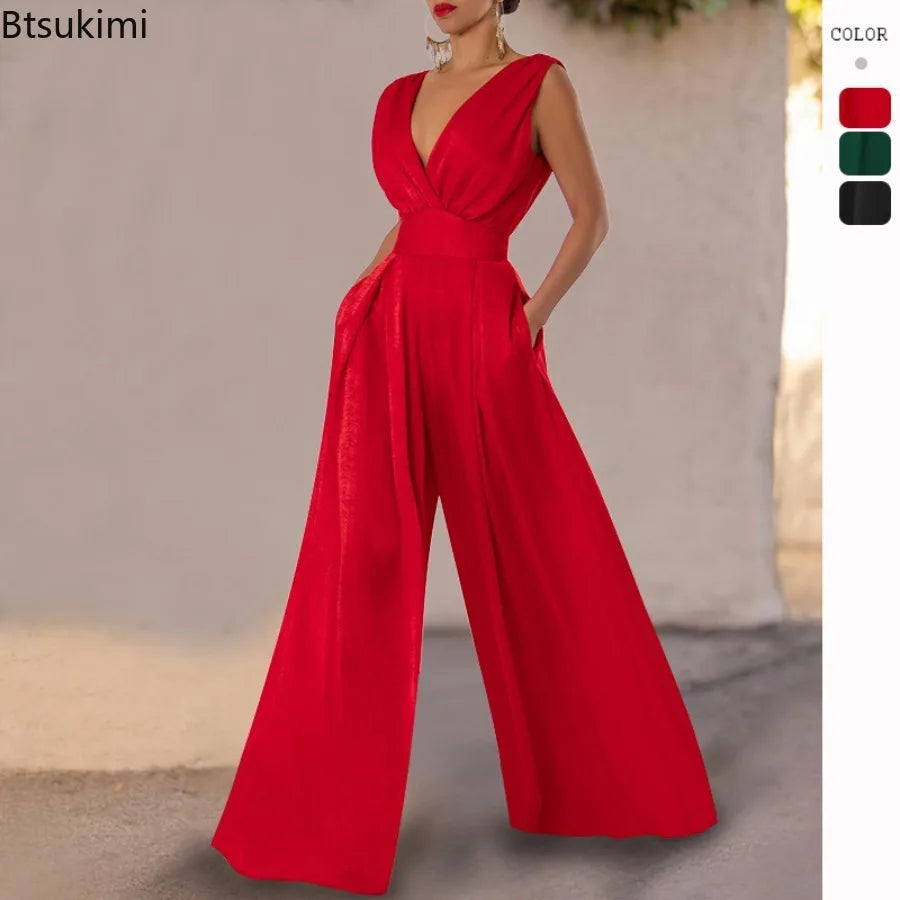 2026 Women's Elegant Jumpsuits Summer Sexy Deep V Slim High Waist Jumpsuits Fashion Sleeveless Wide Leg Rompers Female Overalls