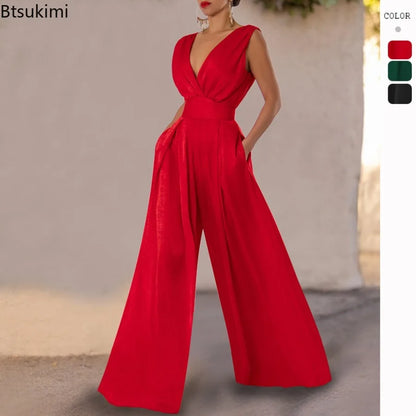 2026 Women's Elegant Jumpsuits Summer Sexy Deep V Slim High Waist Jumpsuits Fashion Sleeveless Wide Leg Rompers Female Overalls