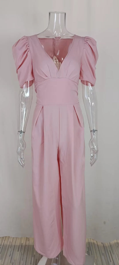 Summer Women's Slim Short Puff Sleeve V-neck Wide Leg Long Jumpsuit Elegant High Waist Ruched  Pocketed Solid color jumpsuits