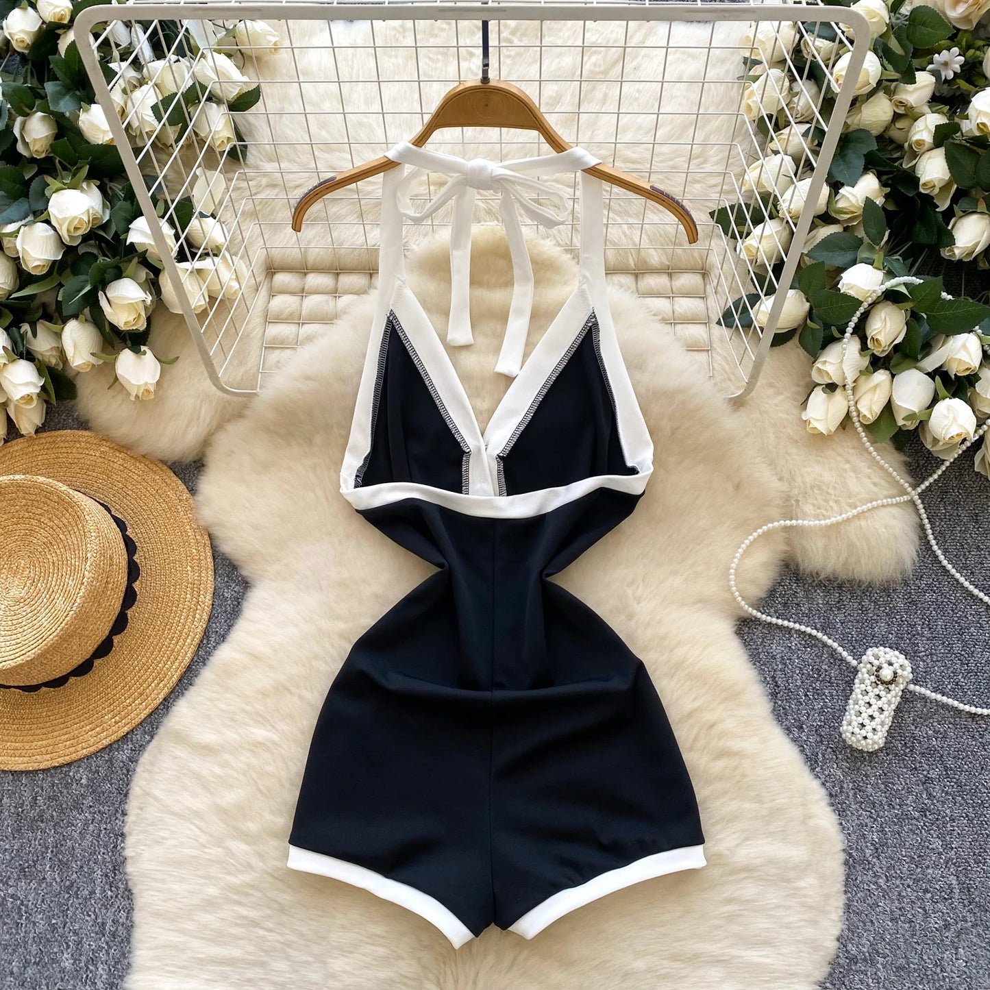 SINGREINY Ins Beach Jumpsuits Ladies Halter Sleeveless Button Design Backless Bodysuits American Retro Solid OL Slim Playsuits