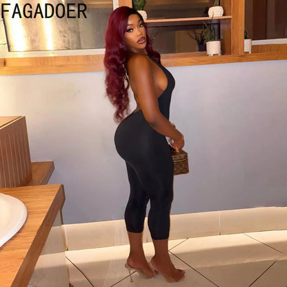 FAGADOER Sexy Solid Color Bodycon Jumpsuits Women Halter Sleeveless Backless Elasticity Romper Female Streetwear Overalls 2026
