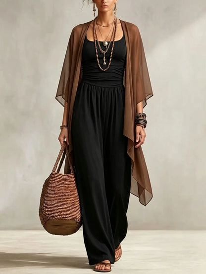 Summer New Sexy Bandeau One Piece Pants Set For Women's 2 Piece Casual Loose Fitting Wide-leg Pants Plus Shawl Tops Set Female