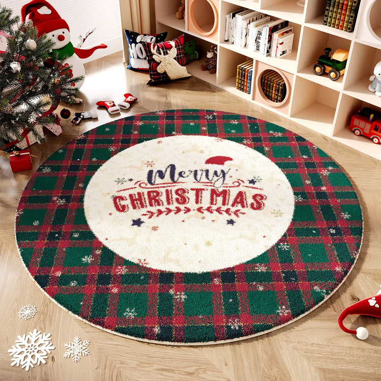 Christmas Round Faux Cashmere Area Rug Non Slip Soft Bedroom Bedside Carpet Xmas Holiday Home Decor Floor Mat for Living Room