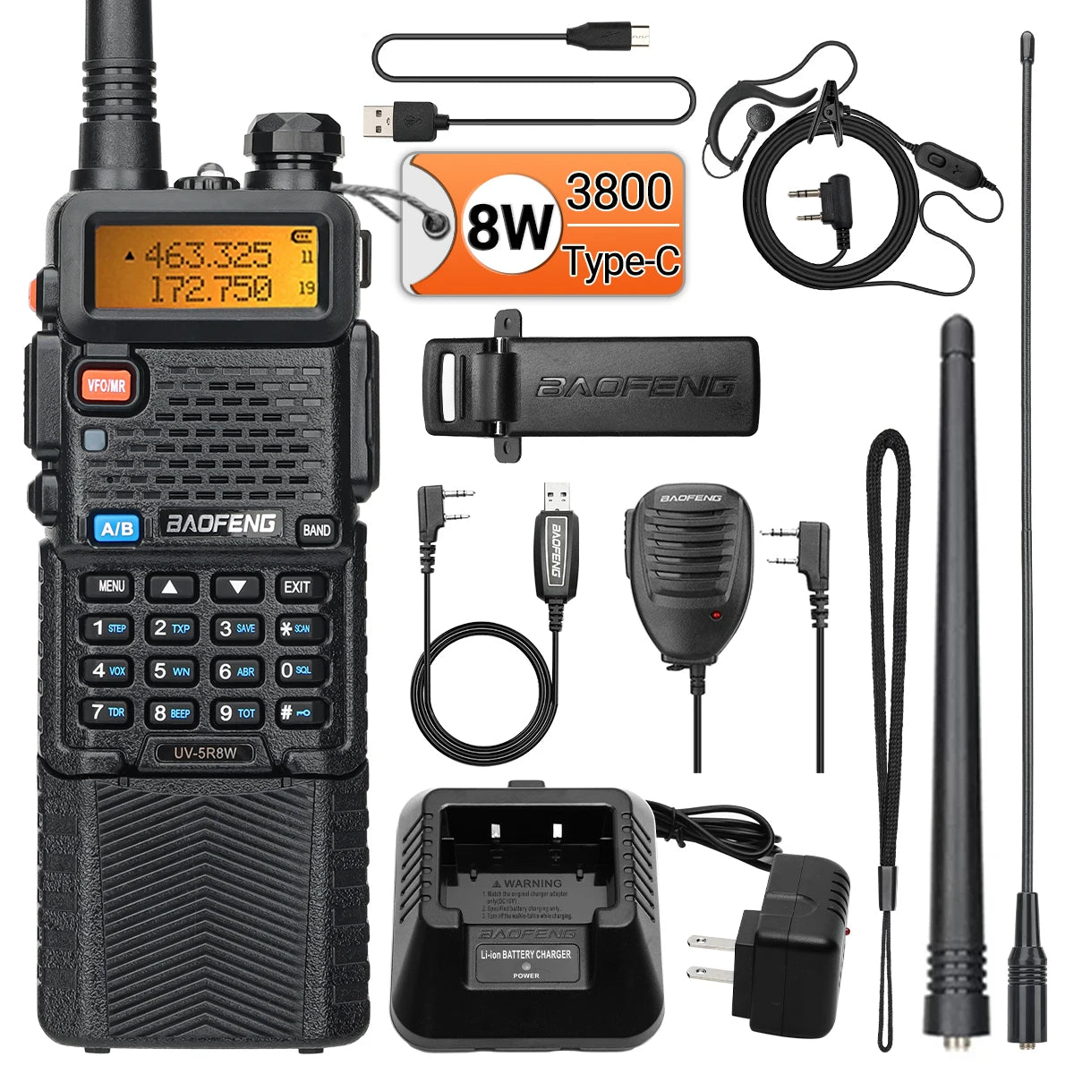 Baofeng UV-5R 8W Long Range Walkie Talkie 3800mAh Type-c Ham Amateur Communication Two Way Radio for Adults Camping