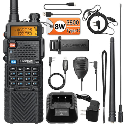 Baofeng UV-5R 8W Long Range Walkie Talkie 3800mAh Type-c Ham Amateur Communication Two Way Radio for Adults Camping