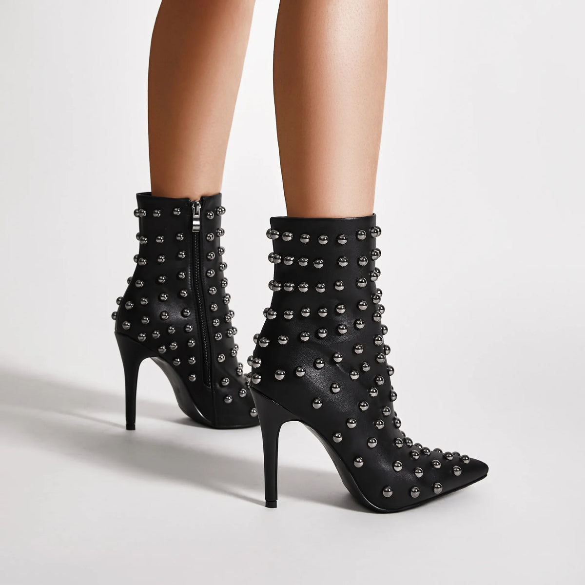 Women PU Studded Ankle Boots Pointed Toe Stiletto High Heel Metal Rivet Decor Punk Rock Fashion Party Short Booties F462