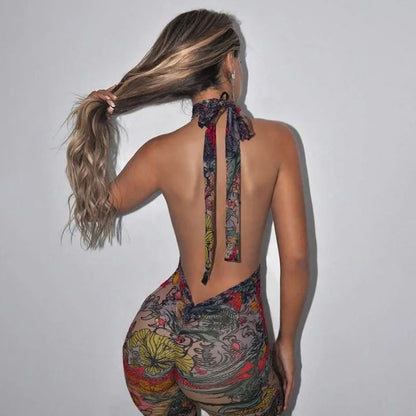 Sheer Mesh Print Transparent Sexy Bodycon Backless Jumpsuit Women Sleeveless Summer Rompers Jumpsuits for Women Playsuit