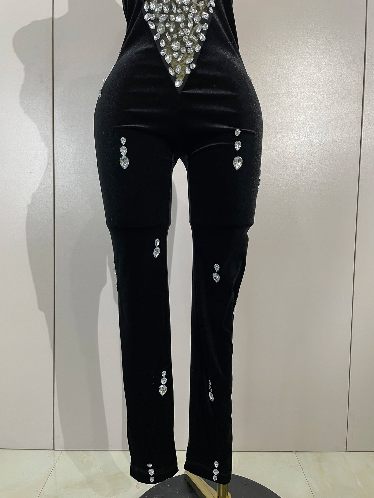 Sexy Sparkly Rhinestones Black Velvet Jumpsuit Women Performance Dance Costume Celebrate Club Luxury Birthday Party Stage Outfit
