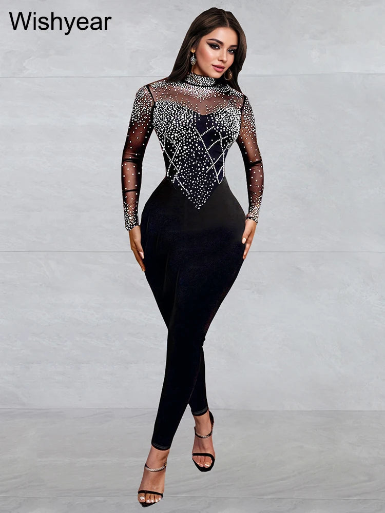 Wishyear Sexy Mesh See Through Rhinestone Black Jumpsuits Women One Piece Outfits Bodycon Long Sleeve Birthday Rompers Clubwear