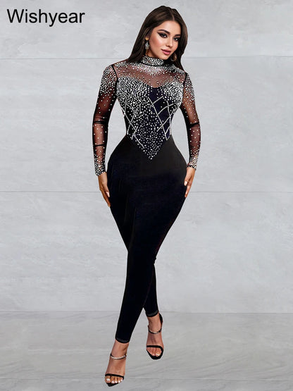 Wishyear Sexy Mesh See Through Rhinestone Black Jumpsuits Women One Piece Outfits Bodycon Long Sleeve Birthday Rompers Clubwear