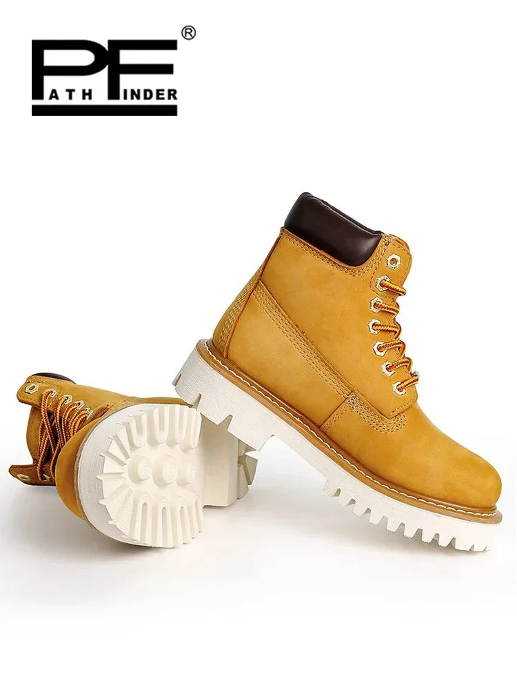 Fashion Men's Genuine Leather Motorcycle Boots Outdoor Non-slip Wear-resistant Tooling Boots Warm Winter Mid-calf Boots Women