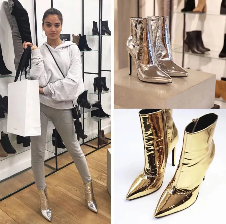 Design Ankle Boots Women Fashion Zipper Pointed  High Heels Gold Silver Patent Leather Short Booties Shoes Catwalk Shoes