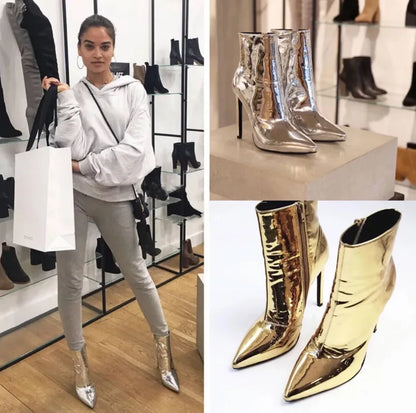 Design Ankle Boots Women Fashion Zipper Pointed  High Heels Gold Silver Patent Leather Short Booties Shoes Catwalk Shoes