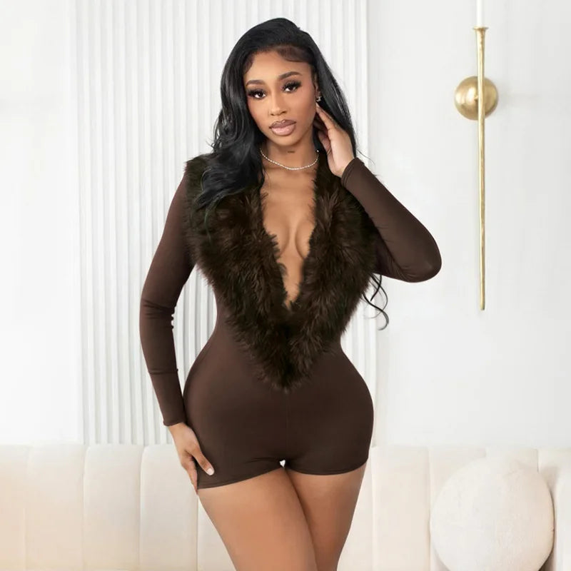 Women Full Sleeve Luxury Fur Deep V Collar Romper Sexy Skinny Fitness Activity Streetwear Hipster Workout Playsuit