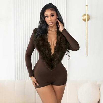 Women Full Sleeve Luxury Fur Deep V Collar Romper Sexy Skinny Fitness Activity Streetwear Hipster Workout Playsuit