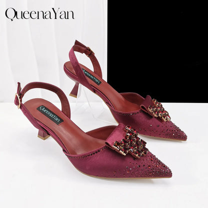 QueenaYan Elegant Navy Blue Handbag and Medium Heel Shoes Set with Beautiful Handmade Metal Decoration for Weddings and Parties