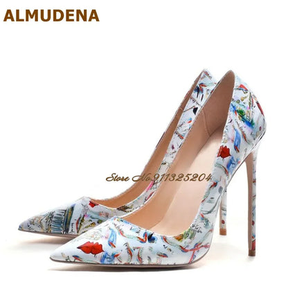 ALMUDENA White Patent Leather Eiffel Tower Red Lips Printed Wedding Shoes 12cm Sky High Heel Pointed Toe Slip-On Banquet Pumps