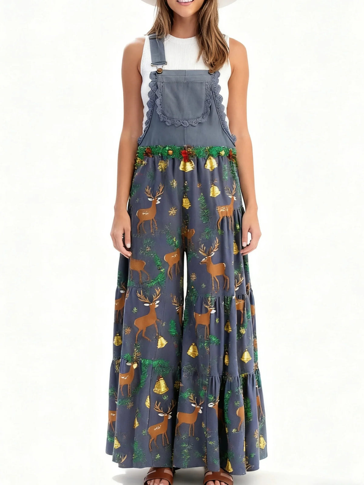 Xingqing Sexy Women Jumpsuits Christmas Themed Print Lace Patchwork Sleeveless Baggy Wide Leg Overalls Streetwear with Pocket