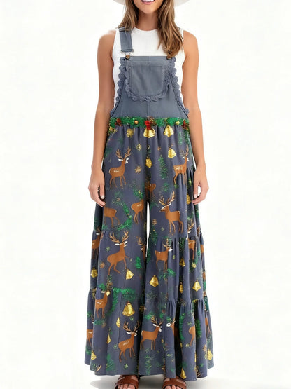 Xingqing Sexy Women Jumpsuits Christmas Themed Print Lace Patchwork Sleeveless Baggy Wide Leg Overalls Streetwear with Pocket