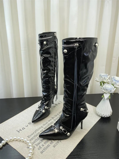ZAROY Thin High Heels Knee-high Boots Women Winter Shoes Designer Tassels Rivet Side Zippers Sexy Pointed Toe Punk Long Booties