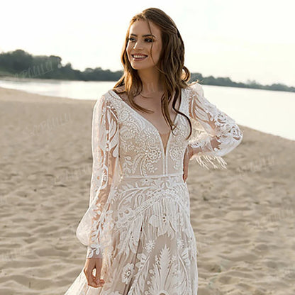 Bohemian  Long Puffy Sleeves Elopement Bridal Gowns Allover Lace Wedding Dress  A Line V Neck Tassel Boho Beach Bride Dresses