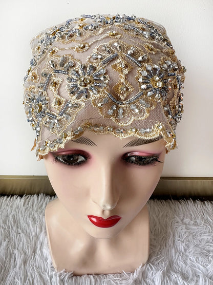 High Quality Lace handcrafted Beaded Turban Hat Female Head Wraps Caps Muslim Women Headscarf Bonnet Ready to Wear Inner Hijabs